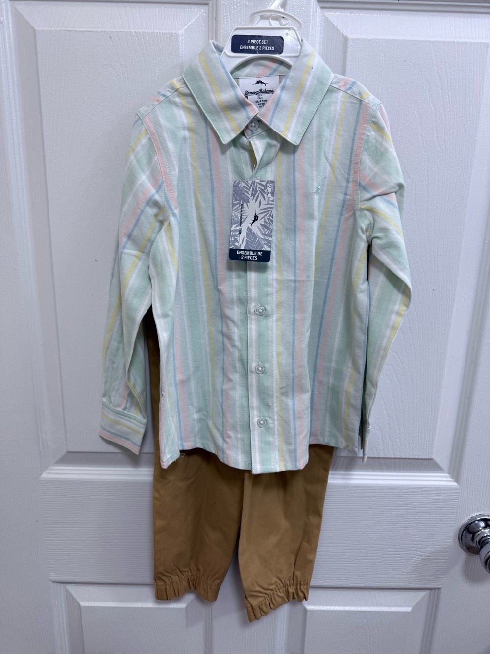NWT Tommy Bahama Pastel Multistripe Button-Down Shirt w Tan Pants, Size 5